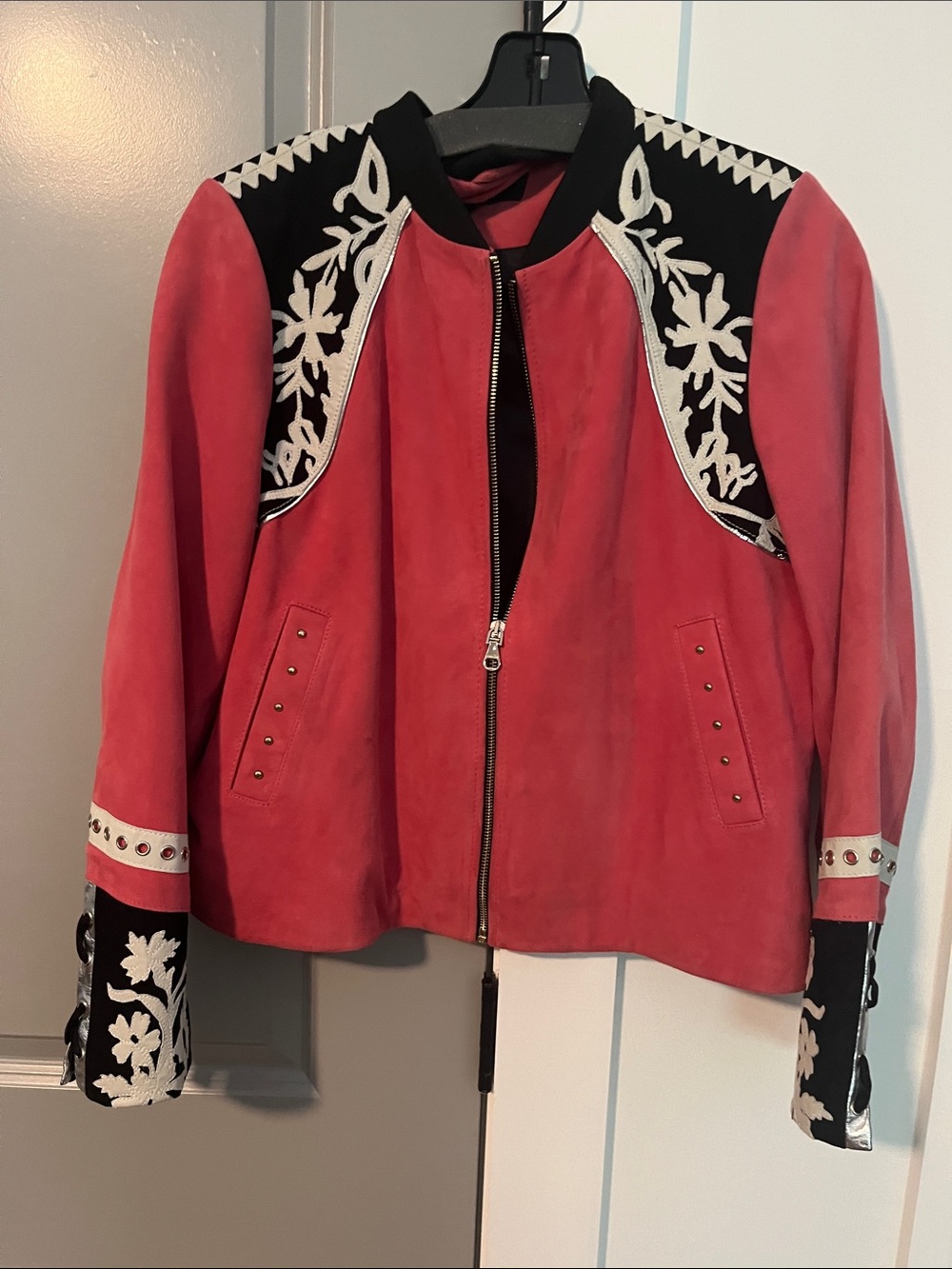 Pink Suede Embroidered Bomber Jacket